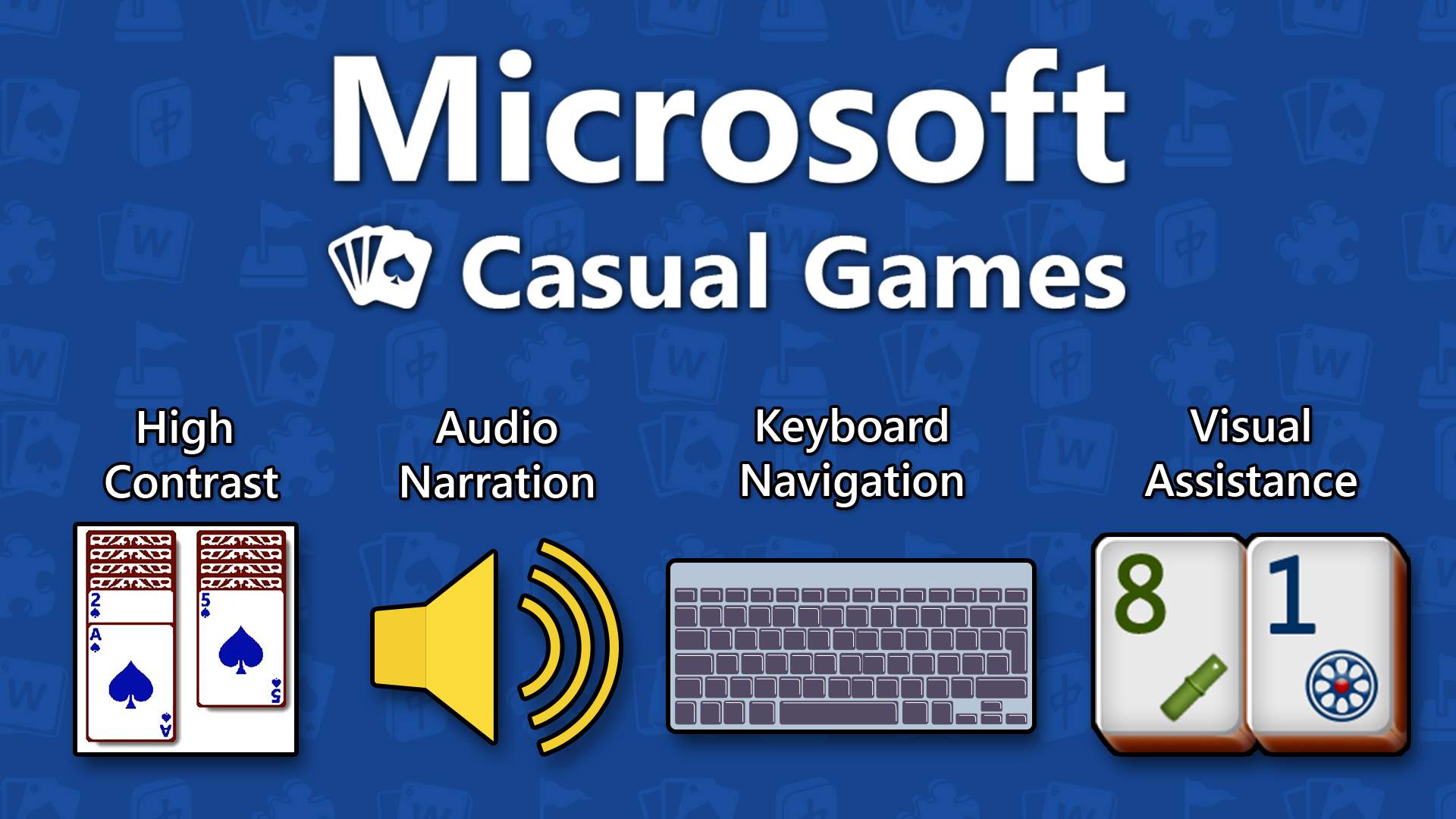 Das Microsoft Casual Games-Logo mit vier Grafiken, die hohen Kontrast, Audiokommentar, Tastaturnavigation und visuelle Unterstützung darstellen.