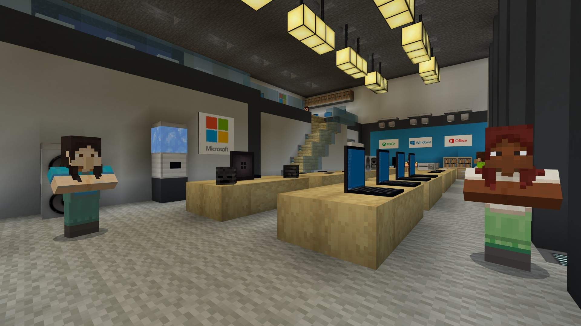 Zwei weibliche NPCs stehen dem Betrachter gegenüber, um sie in Minecraft-Büros willkommen zu heißen, die in Minecraft neu erstellt wurden.