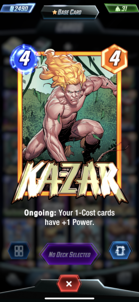 Eine Karte in Marvel Snap mit dem Helden Ka-Zar darauf.