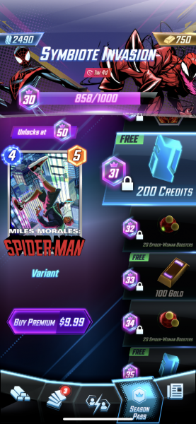 Der Marvel Snap Symbiote Season Pass. Einige Belohnungen sind gesperrt, andere sind als gekennzeichnet "frei."