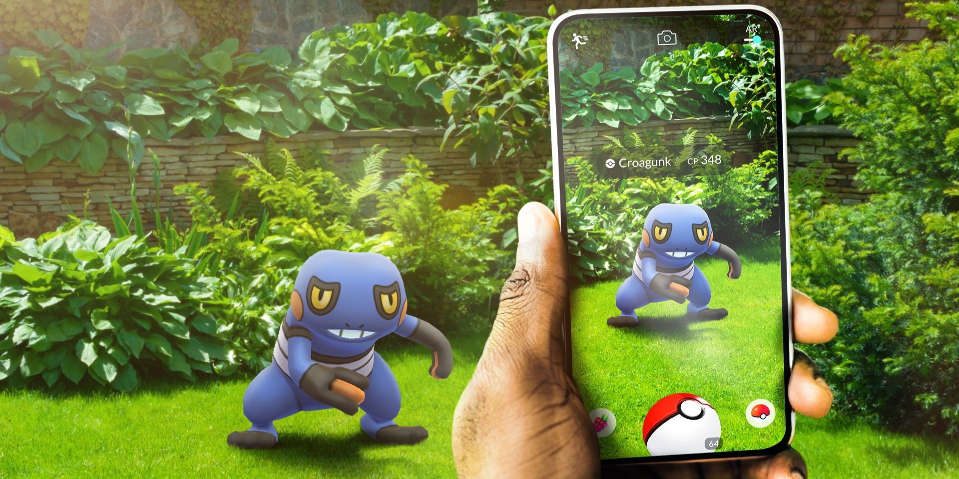 Eine Person, die ihr Telefon auf Croagunk richtet, während sie Pokémon Go spielt