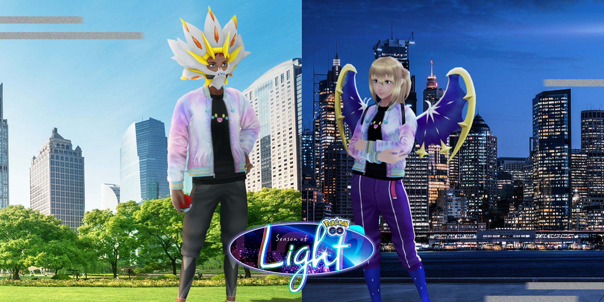 Ein geteiltes Bild von Pokemon Go-Avataren, einer mit Solgaleo-Kosmetik und einer mit Lunala-Kosmetik