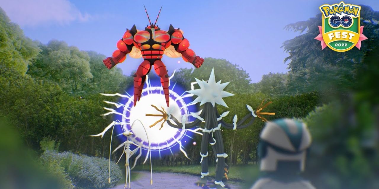 Buzzwole, Pheromosa und Xurkitree vor einem Ultra-Wurmloch, während Rhi sie ansieht