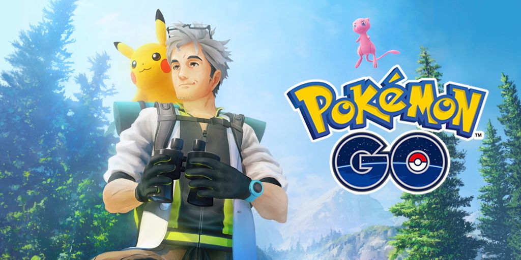 Professor Willow mit Pikachu auf seiner Schulter mit Mew und dem Pokemon Go-Logo rechts