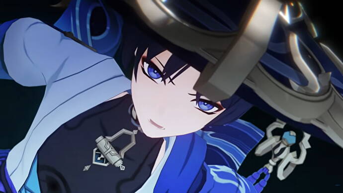Genshin Impact Wanderer Build: Ein junger Anime-Mann mit schwarzen Haaren und violetten Augen starrt mit einem entschlossenen Blick nach vorne