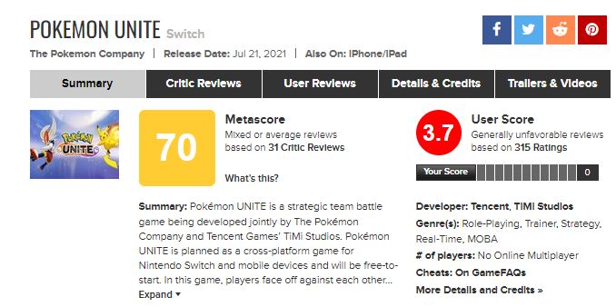 Pokémon Unite auf Metacritic
