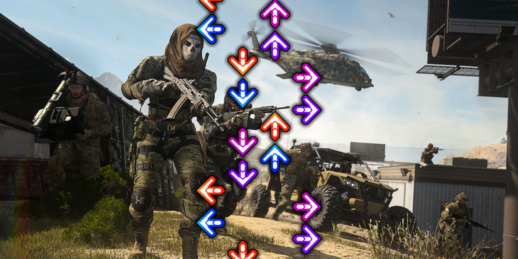 Call of Duty Warzone 2 screenshot overlayed with Dance Dance Revolution steps