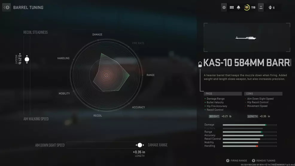 Ein Spinnendiagramm, das die Attribute einer Waffe in Modern Warfare 2 zeigt