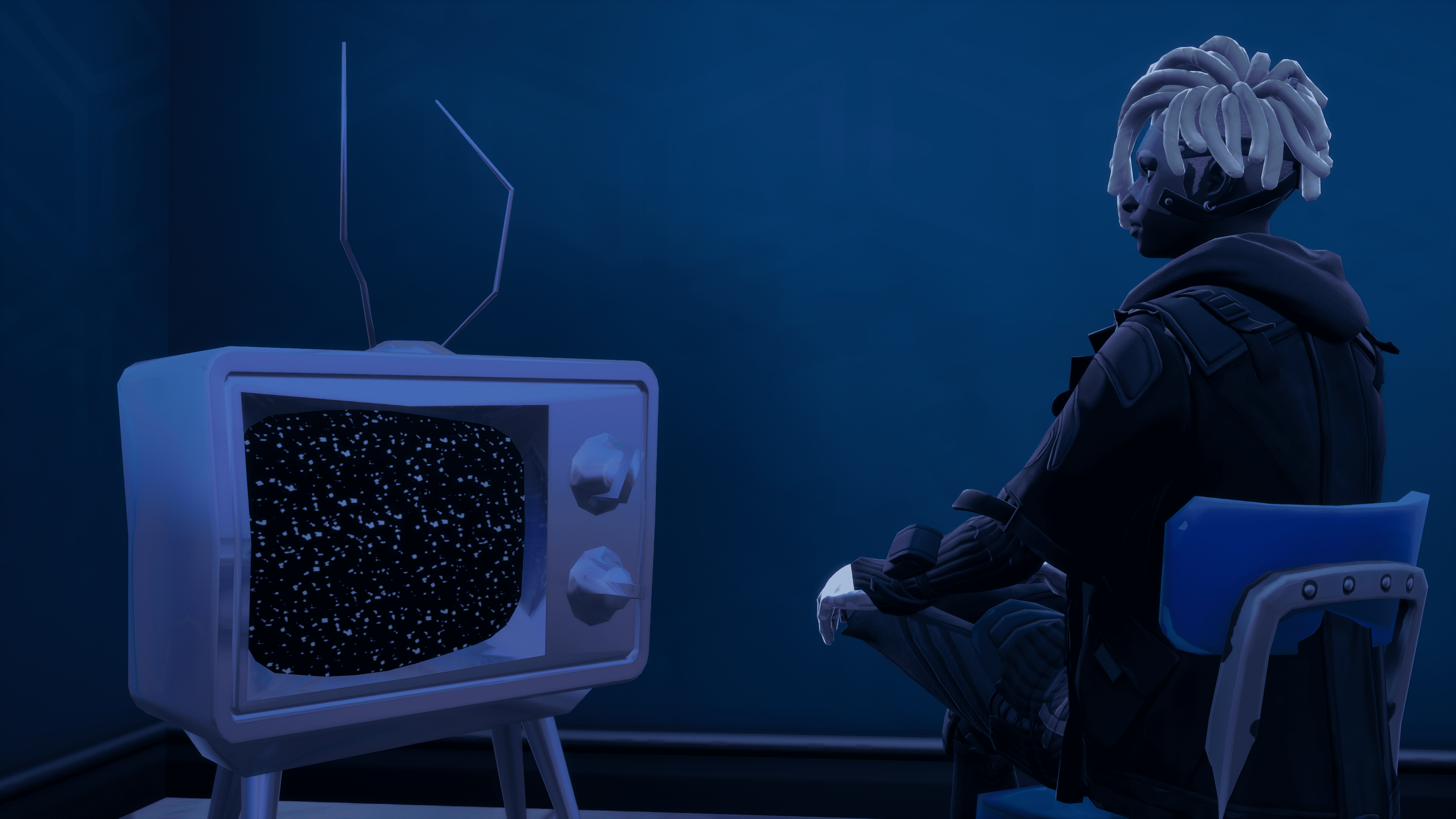 Bytes Fortnite Kapitel 3 Staffel 4 Bytes saß in Fortnite Kapitel 3, Staffel 4, vor einem scrambelnden Fernseher