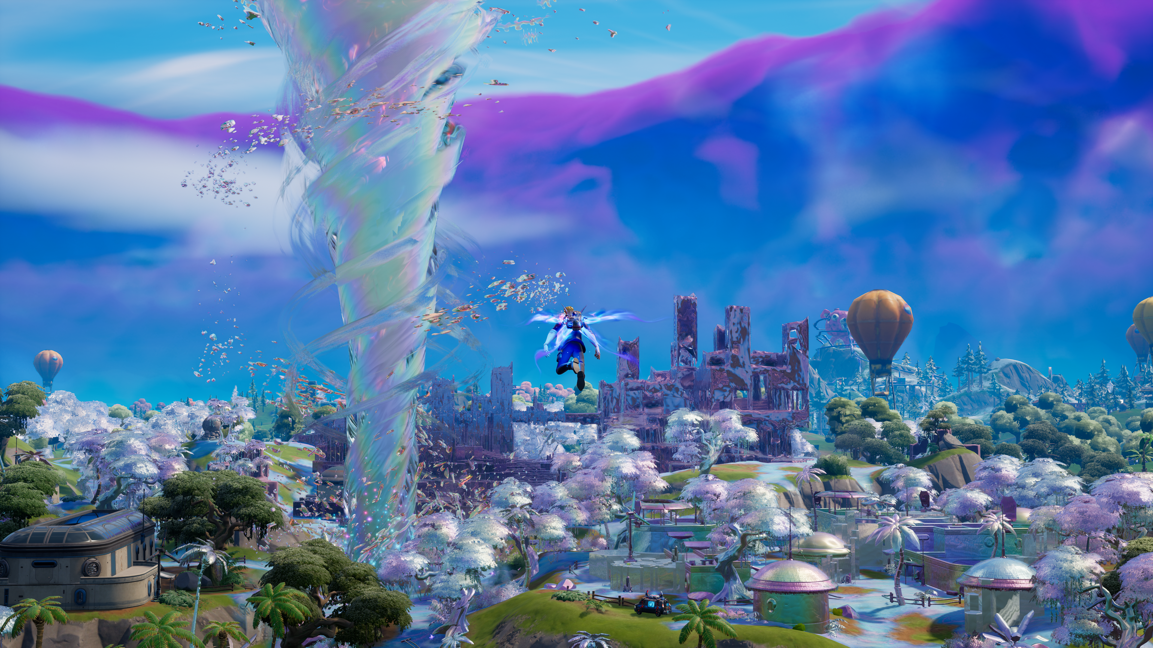 Fortnite Kapitel 3 Staffel 4 Insel Ein Screenshot des Skins von Agent Jonesy, der über die Insel von Fortnite Chapter 3 Season 4 fliegt, mit einem Chrom-Tornado in der Mitte.