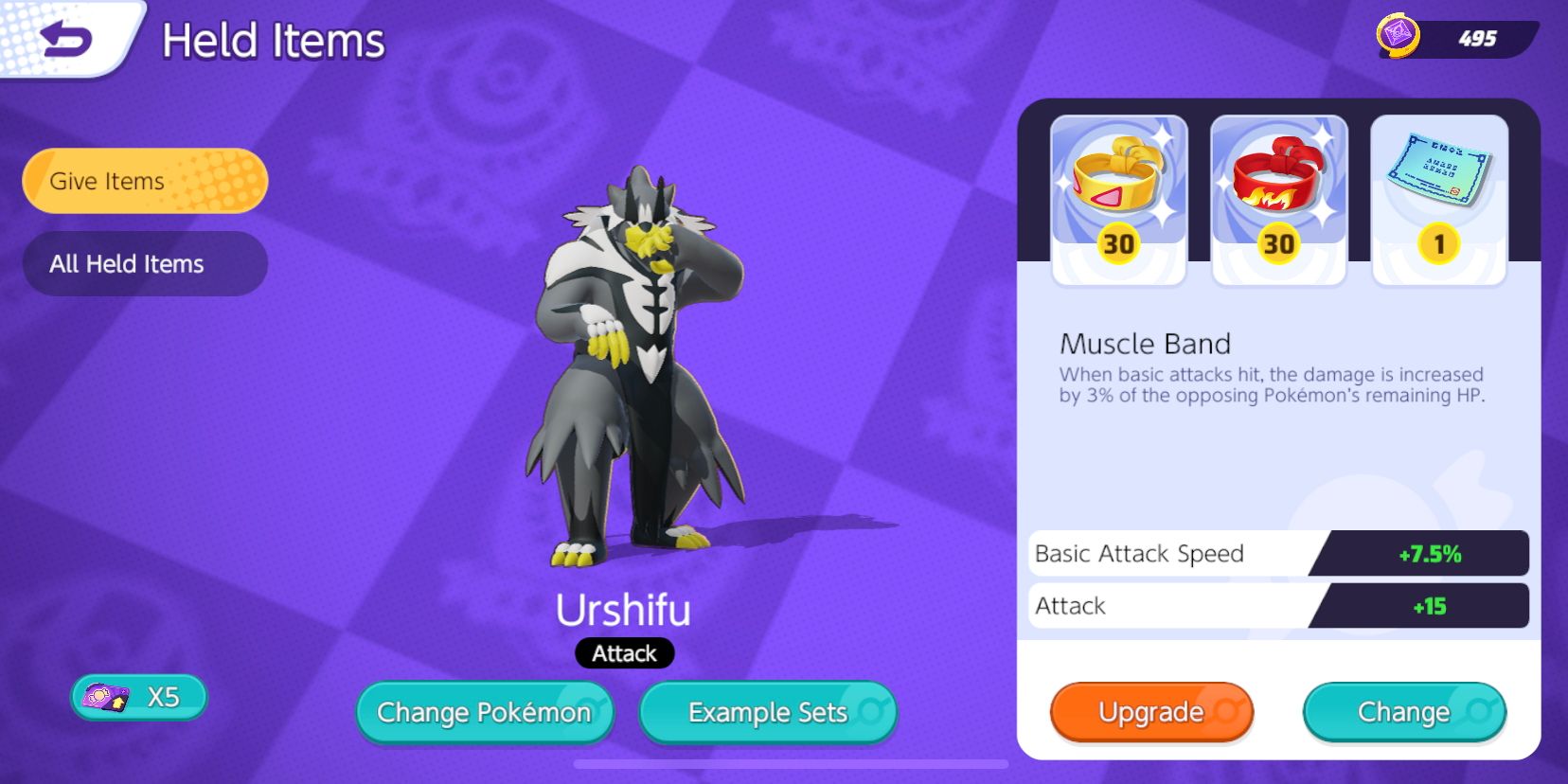 Urshifu Held Item-Auswahlbildschirm mit Muskelband, Fokusband und Schwächerichtlinie ausgewählt