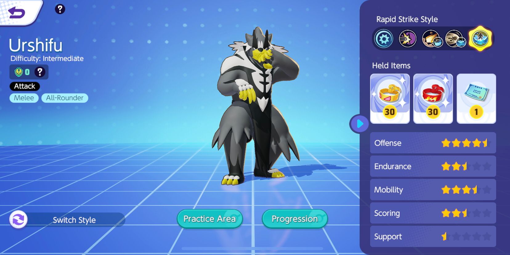 Urshifu aus dem Pokemon-Auswahlbildschirm, der seine gehaltenen Gegenstände und Statistiken anzeigt