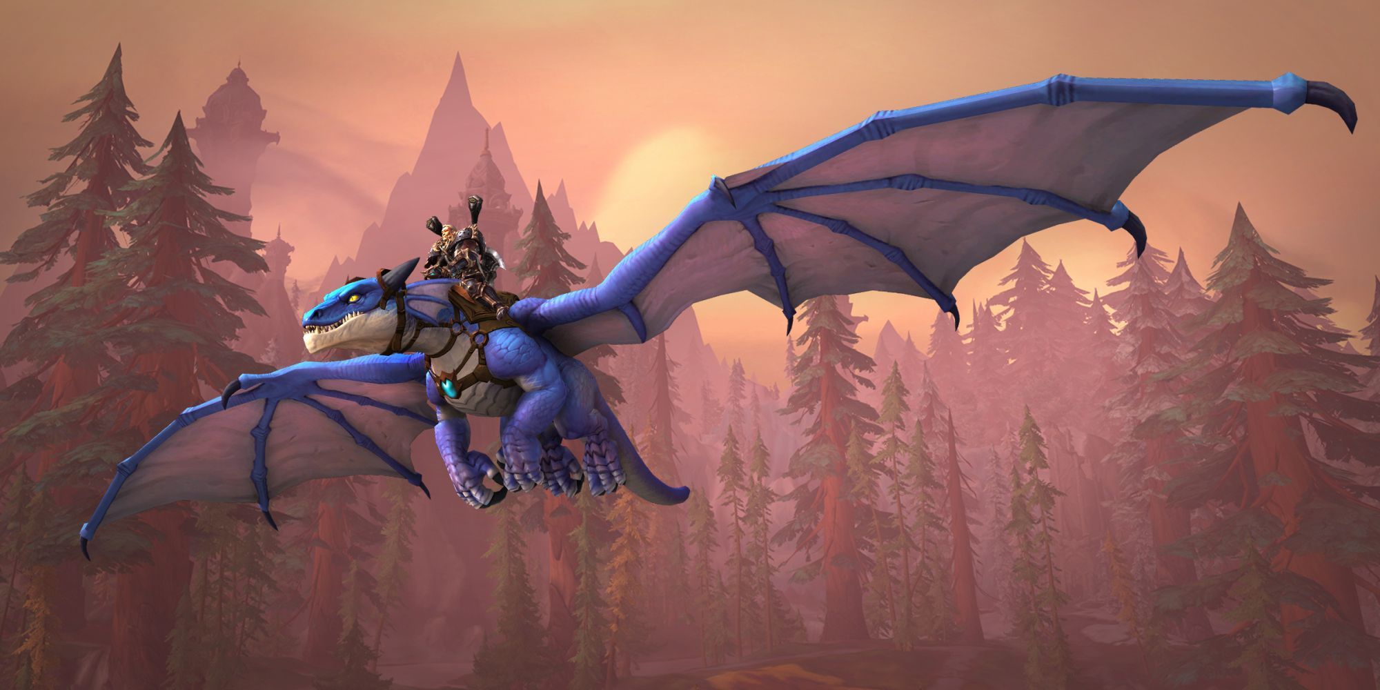 Ein menschlicher männlicher Krieger, der in World of Warcraft: Dragonflight einen Drachen reitet
