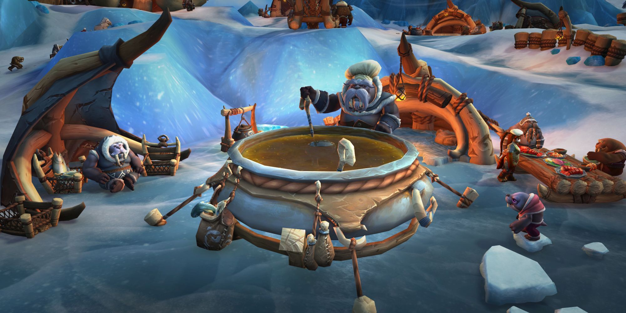 Ein Tuskaar kocht in einem Schmortopf in einem Tuskaar-Dorf in World of Warcraft: Dragonflight