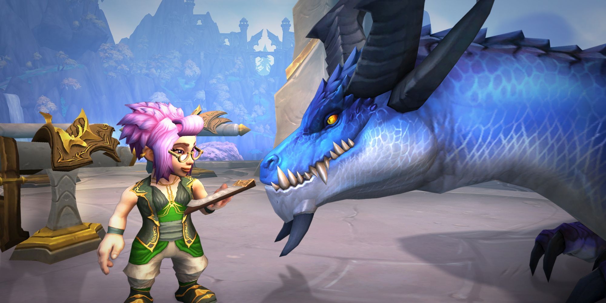 Ein Gnom mit Brille spricht mit einem Mitglied des Blauen Drachenschwarms in World of Warcraft