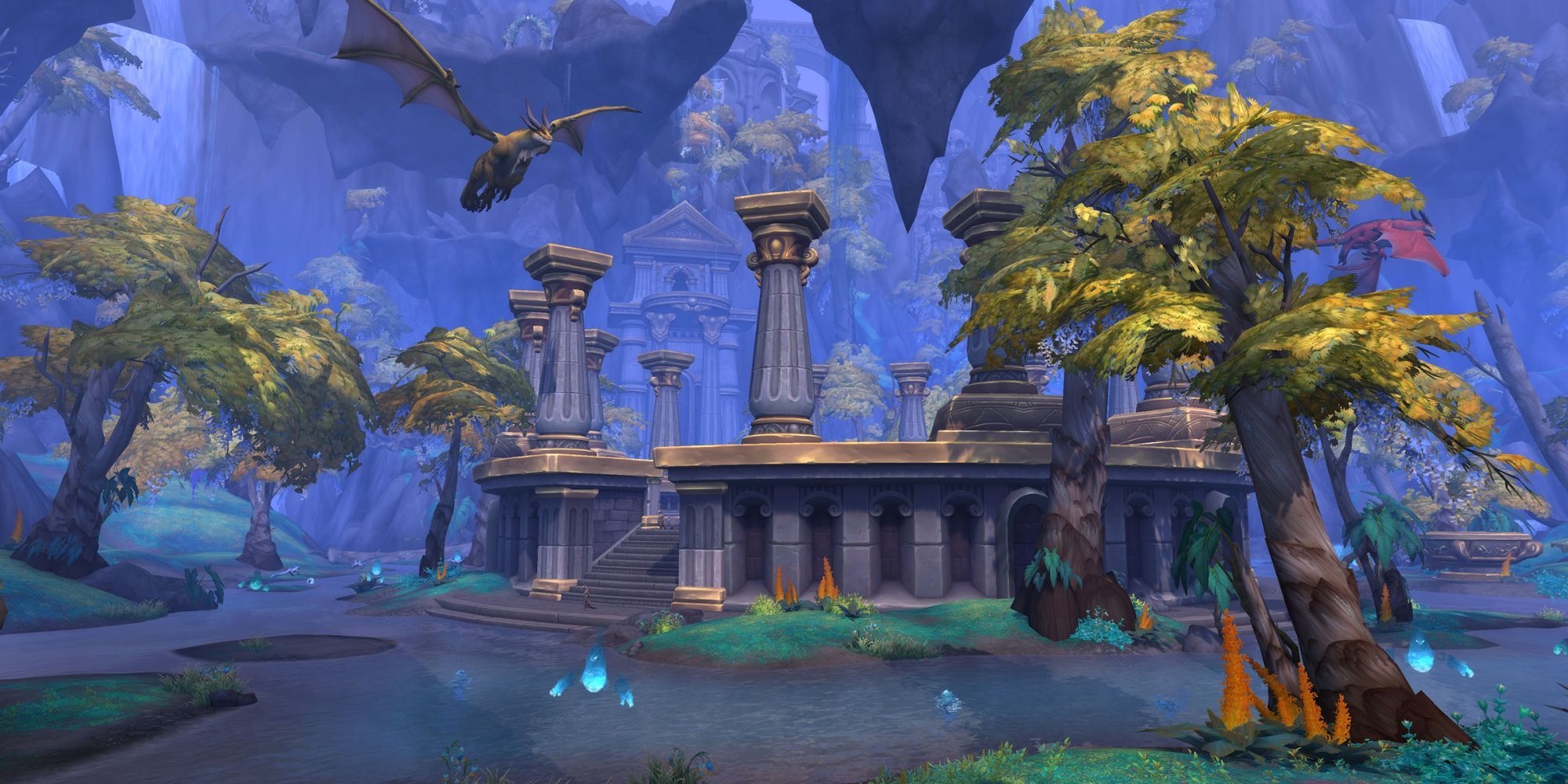 In World of Warcraft: Dragonflight fliegt ein bronzener Drache über einer Titanstruktur