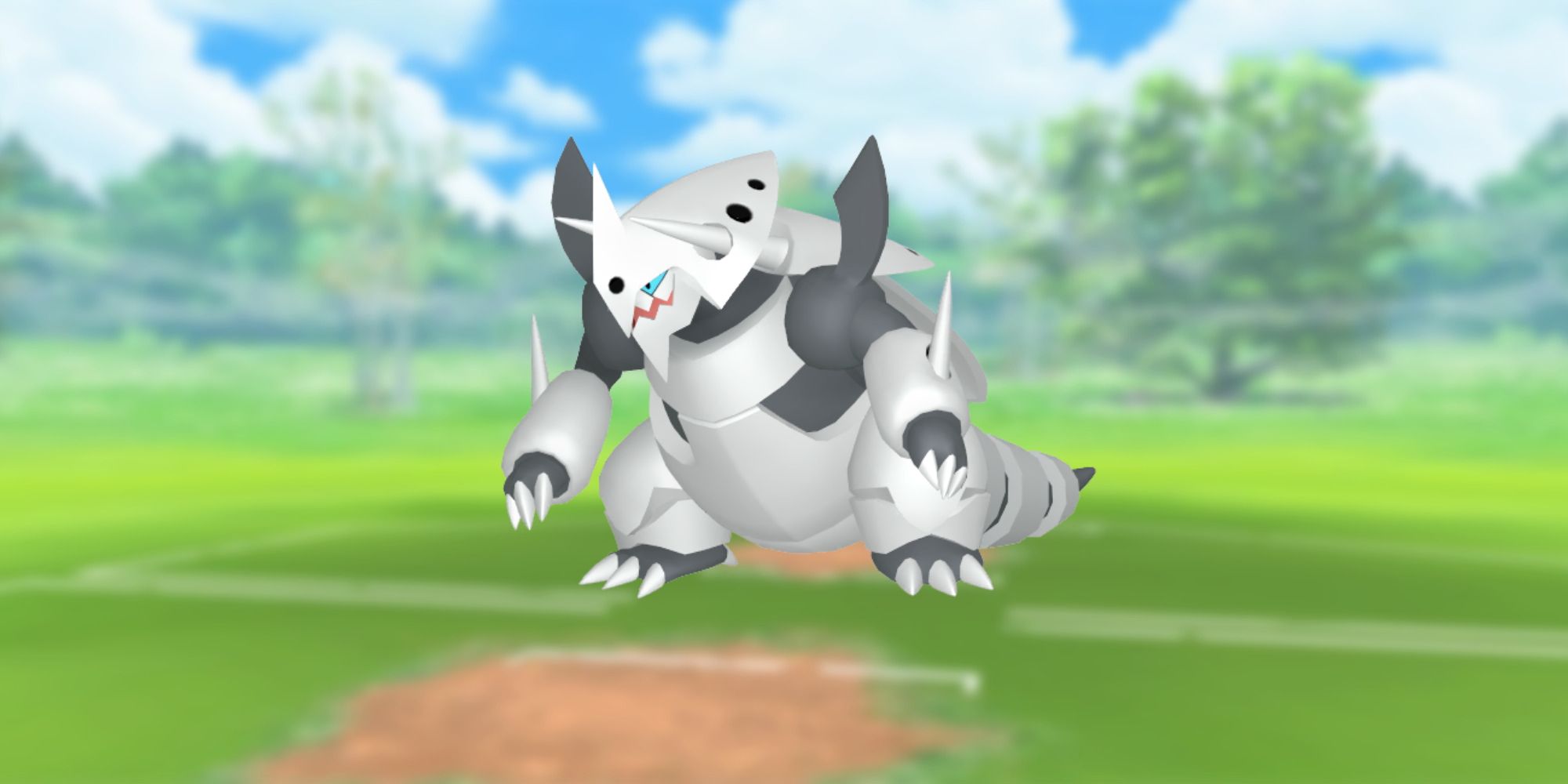 Mega Aggron von Pokemon mit dem Schlachtfeld von Pokemon Go als Hintergrund