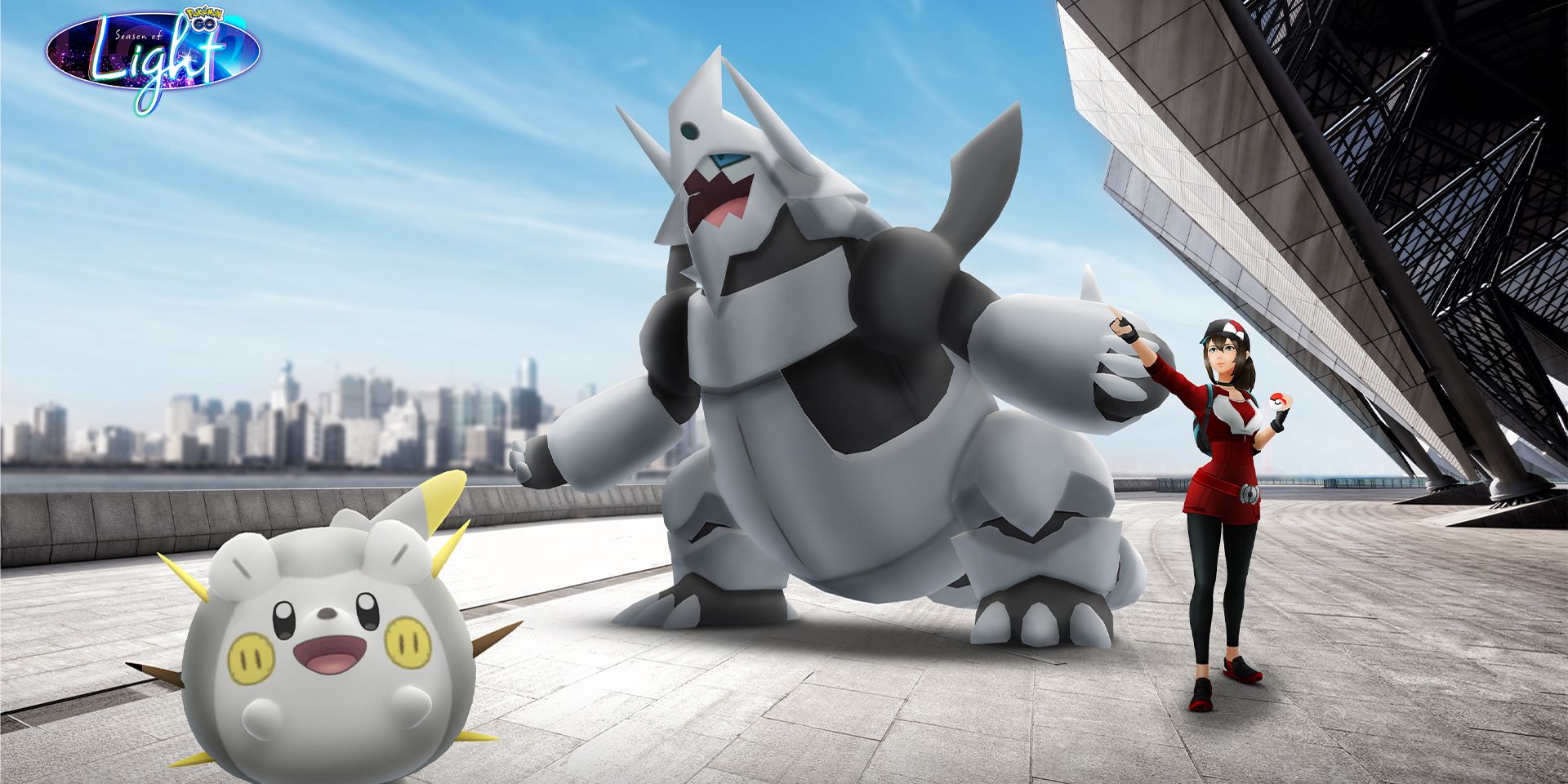 Bild von Mega Aggron mit Togedemaru und einem Pokémon-Trainer auf beiden Seiten davon