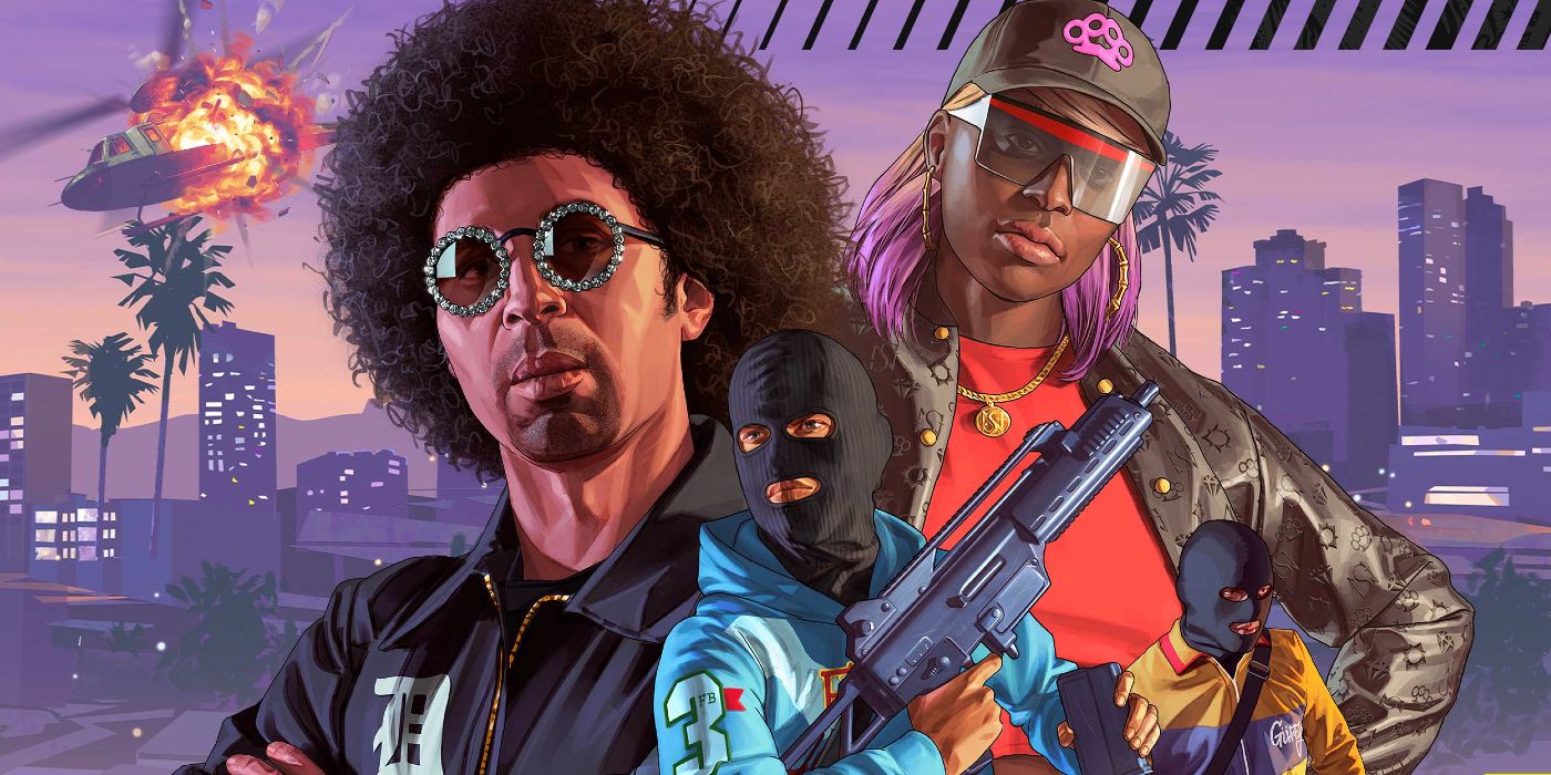 Werbegrafik für das Los Santos Tuners-Update von GTA Online.  Vier Gestalten posieren vor der Skyline von Los Santos, während in der Ferne ein explodierender Helikopter abstürzt.