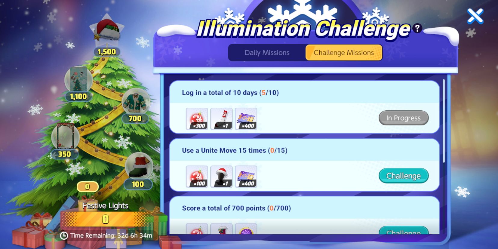 Pokemon Unite Illumination Challenge Event-Bildschirm mit verschiedenen Event-Herausforderungen und Belohnungen