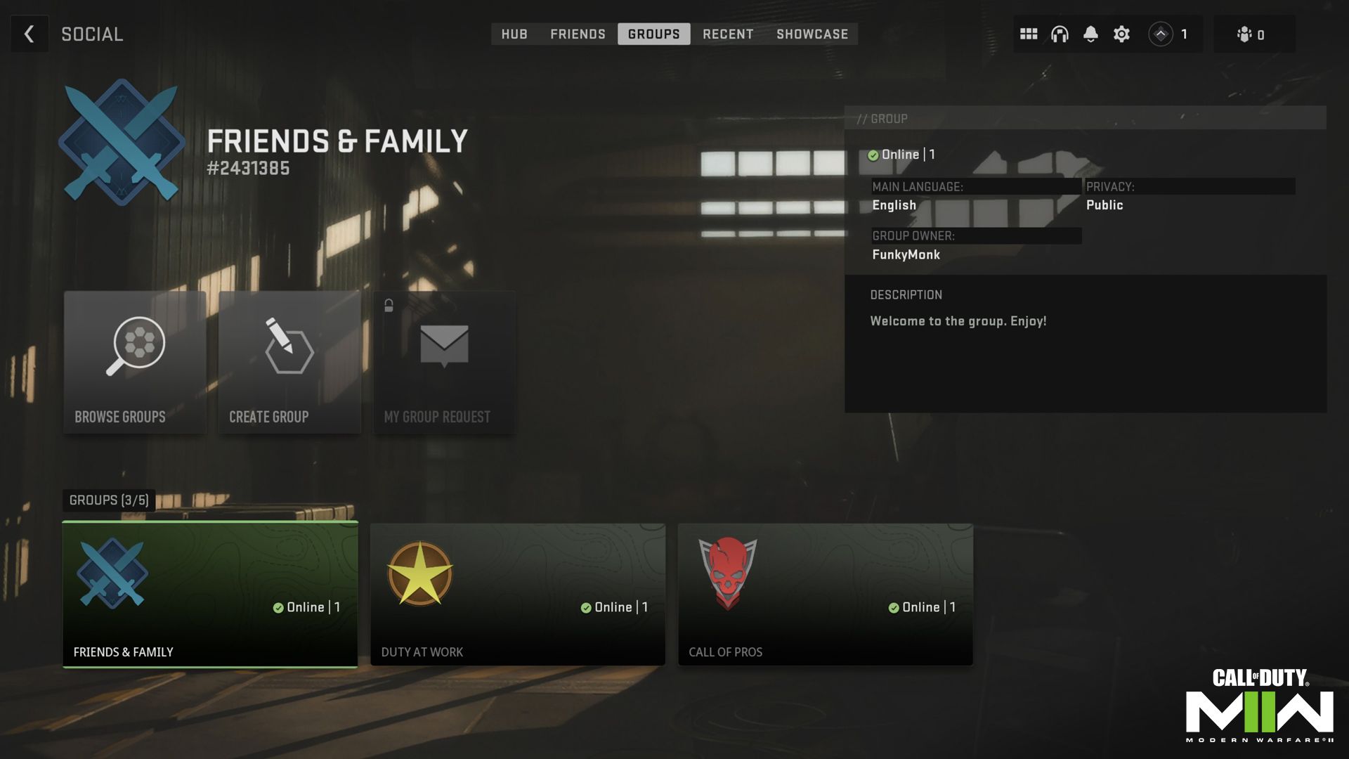 Registerkarte „Gruppen“ auf der Seite „Soziales“ in Modern Warfare 2