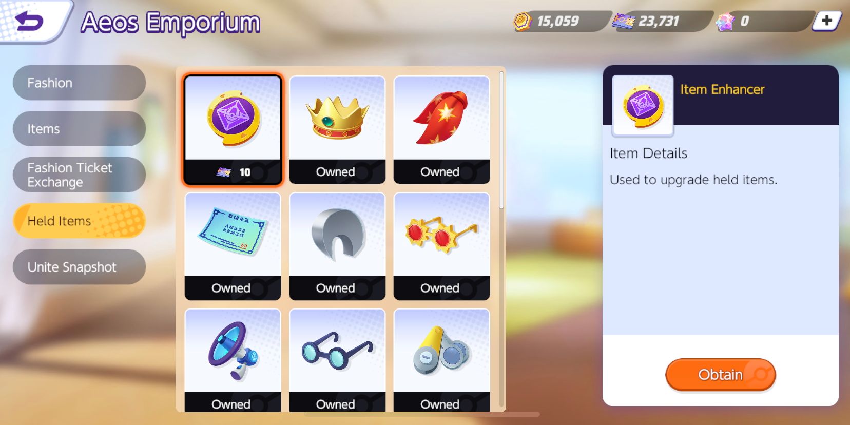 Der Pokemon Unite Aeos Emporium Shop mit ausgewählten Item Enhancers