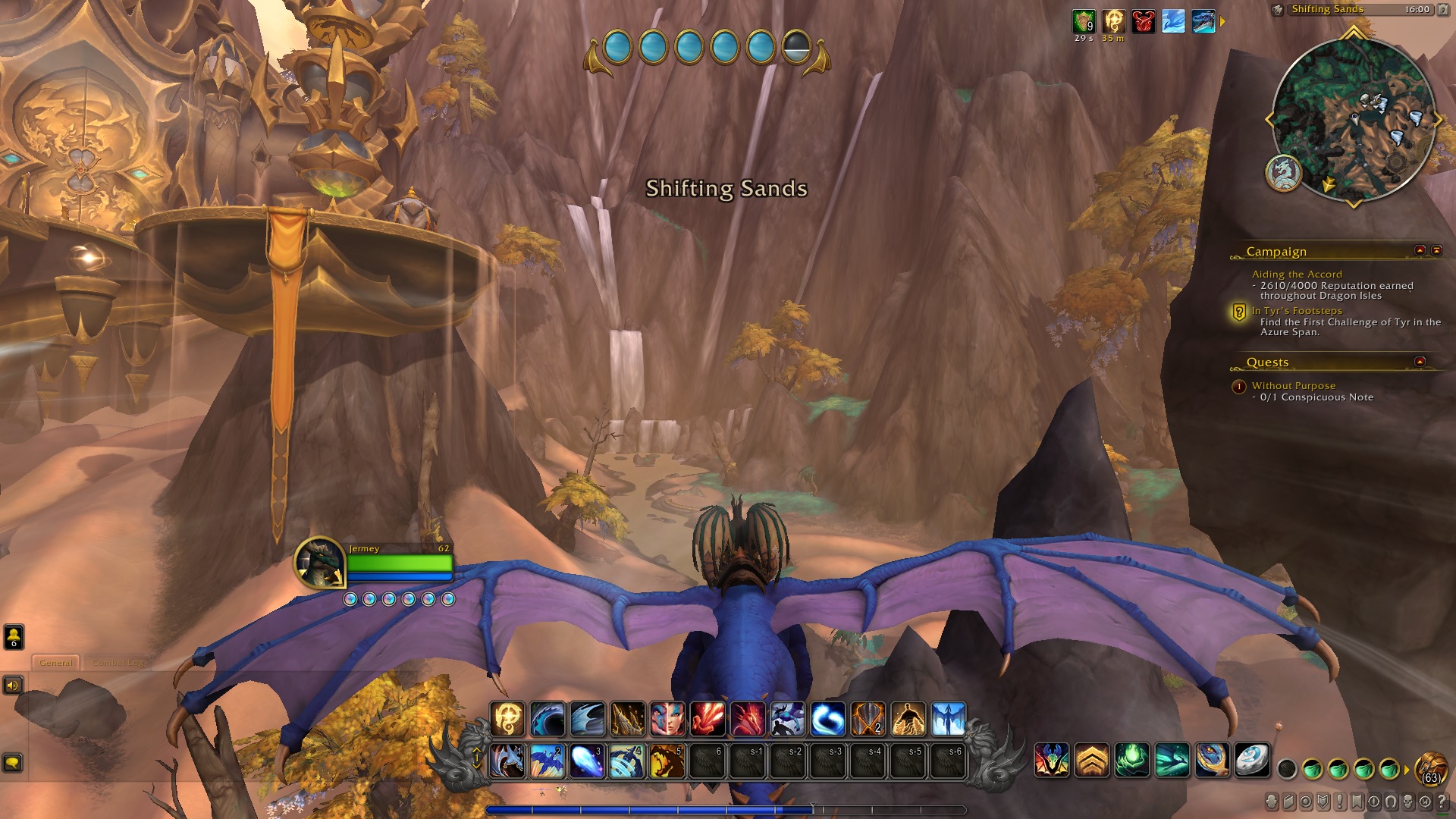 World of Warcraft Dragonflight Dractyr reitet auf einem Drachen durch die Lüfte