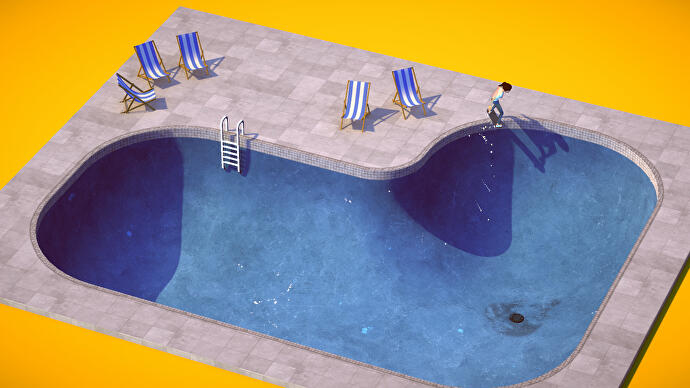 Ein kleines, entwässertes Schwimmbecken, an dessen Rand ein Skater steht und bereit ist, hineinzuspringen. Es ist ein verkleinertes Bild, fast illustrativ im Ton, mit einer trägen Sommerluft darüber.