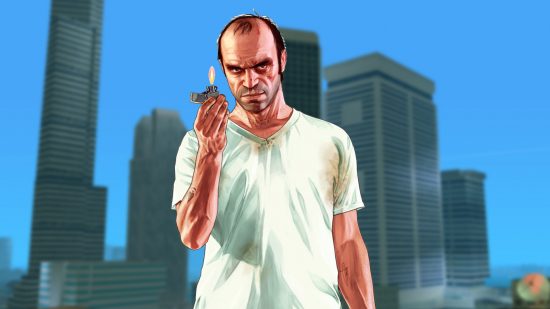 gta-6-tease-vice-city-gta-online-los-santos-drogenkriege Trevor aus GTA 5 vor dem Hintergrund von GTA Vice City von Rockstar Games