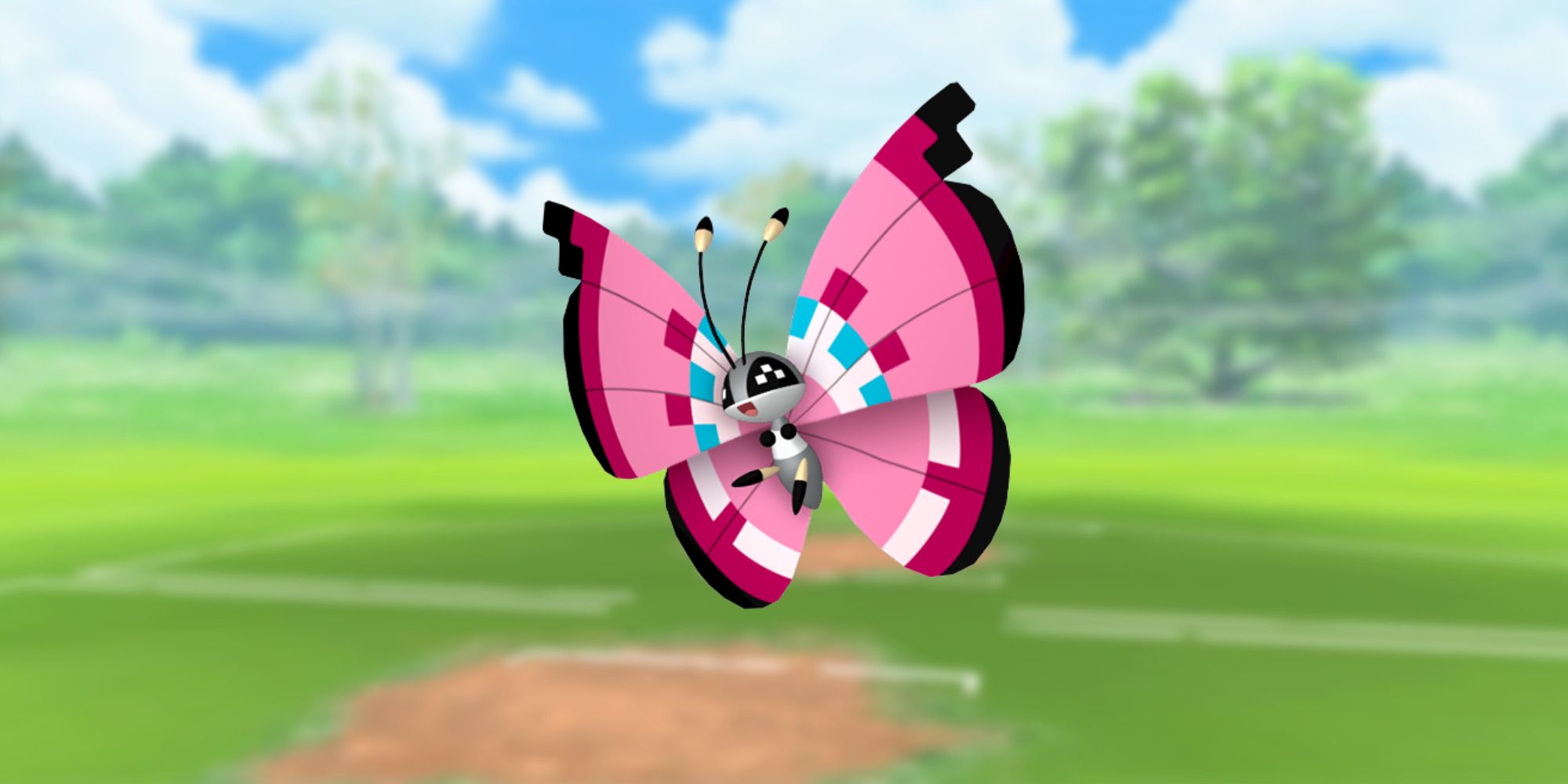 Vivillon aus Pokemon mit dem Schlachtfeld von Pokemon Go als Hintergrund