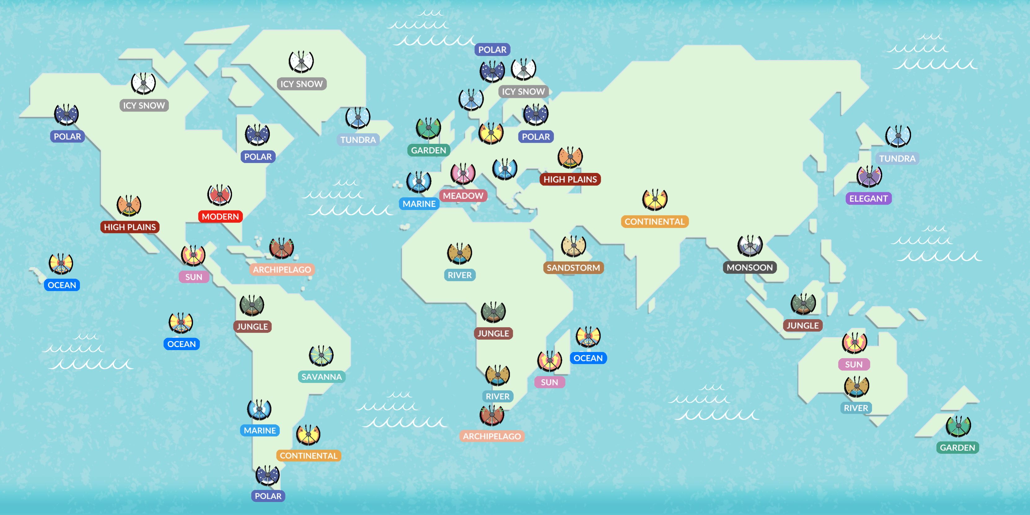 Eine Karte, die verschiedene Vivillon-Muster in verschiedenen Regionen der Welt zeigt