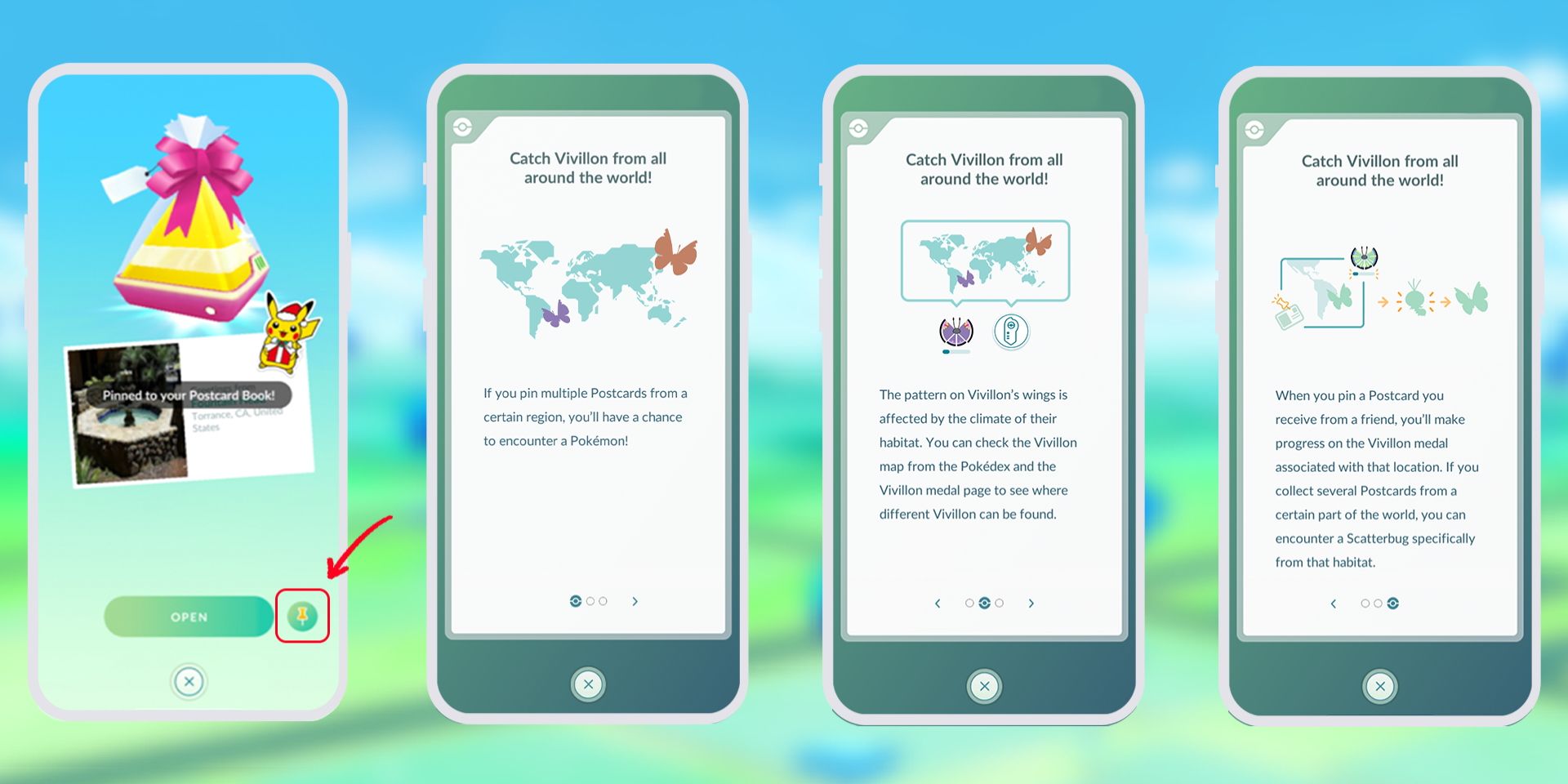 Bilder von vier verschiedenen Telefonen, die die Schritte zeigen, die zum Anheften einer Pokemon Go-Postkarte erforderlich sind