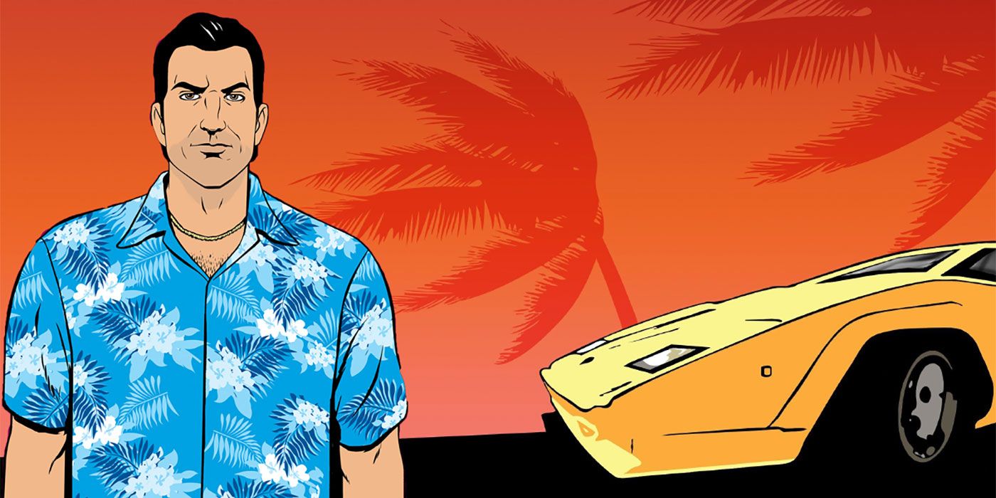 Bild im GTA-Cartoon-Stil des Charakters mit Blick auf die Kamera mit gelbem Auto im Lambo-Stil auf der rechten Seite