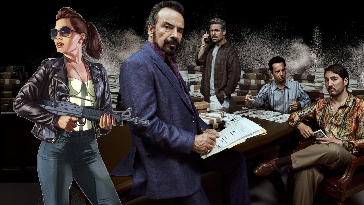 GTA 6-Gerüchte, von denen wir uns wünschten, dass sie wahr wären 3 4 Mitglieder der Narcos-Besetzung um einen Tisch herum, einer hält ein Hauptbuch, neben einer GTA-Frau in einer Lederjacke, die eine Waffe hält.