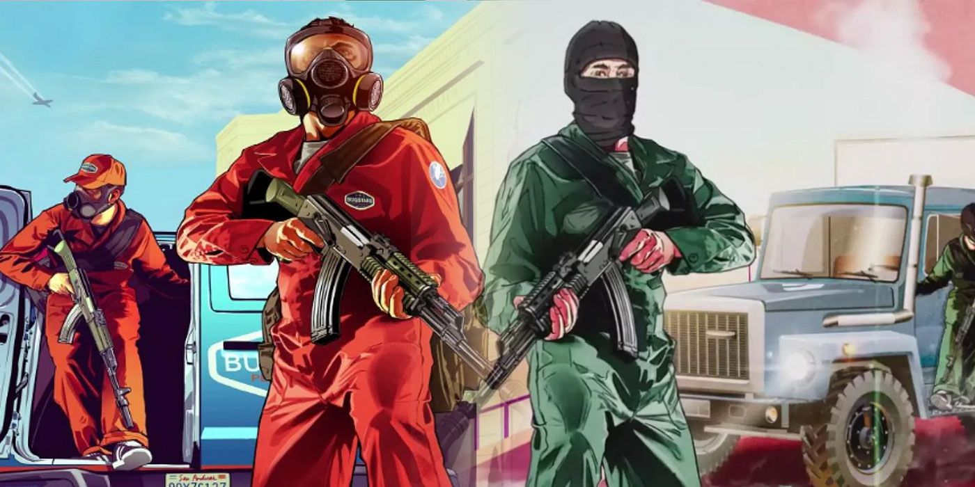 GTA 6-Gerüchte, von denen wir uns wünschten, dass sie wahr wären 2 GTA und The Snitch Cartel Origins Artwork mit geteilten Bildcharakteren, die Waffen halten und Überfallmasken und Gasmasken tragen