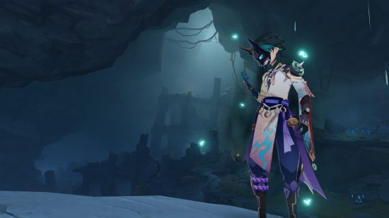 Genshin-Behinderung - Xiao trägt eine Maske und schaut zur Seite