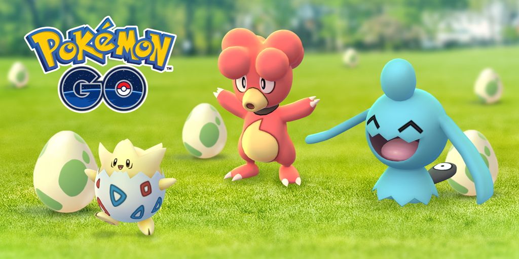Togepi, Magby und Wynaut stehen vor Eggs mit dem Pokemon Go-Logo über ihnen