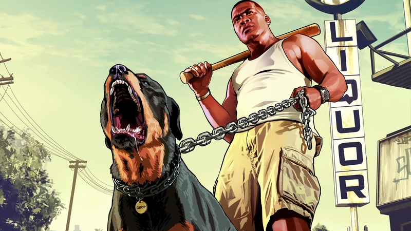 Ein Bild von Franklin und seinem Hund Chop aus GTA 5.