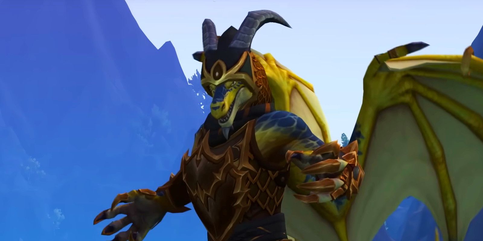 World of Warcraft DragonfWorld of Warcraft Dragonflight Evoker Dracthyr looking at camera with wingslight Evoker Dracthyr