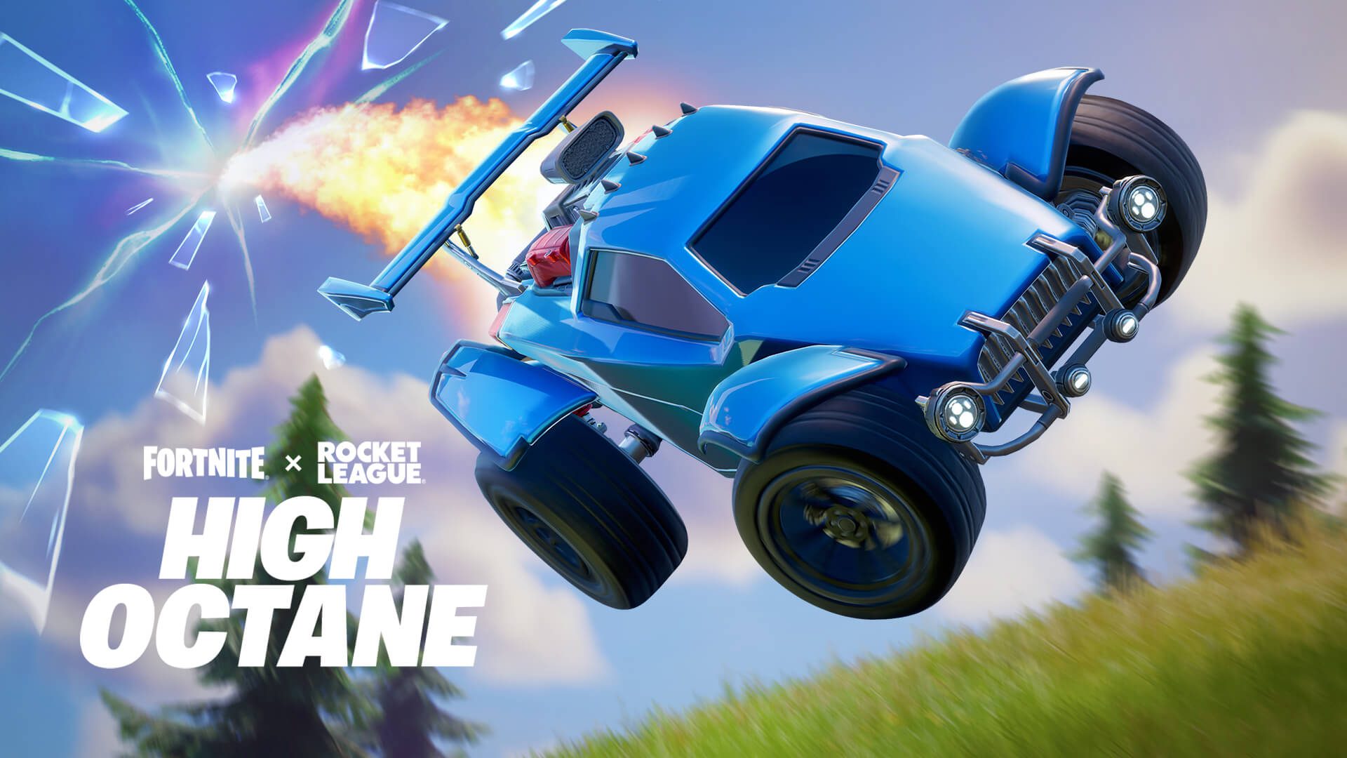 Fortnite X Rocket League mit hoher Oktanzahl Ein Bild des High Octane-Crossover-Events von Fortnite und Rocket League, das zeigt, wie ein Rocket League-Auto vom Himmel in Fortnite fällt