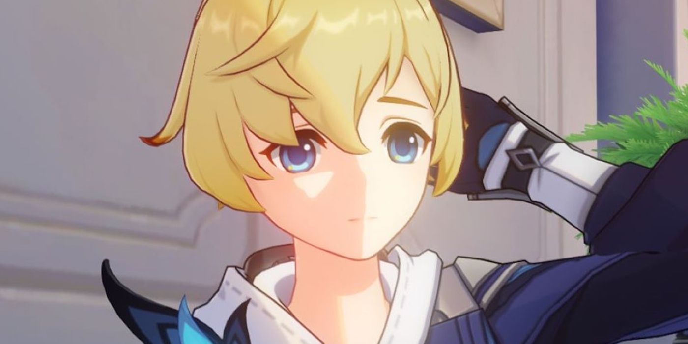 Genshin Impact's Mika making a shy pose with a close up camera angle.