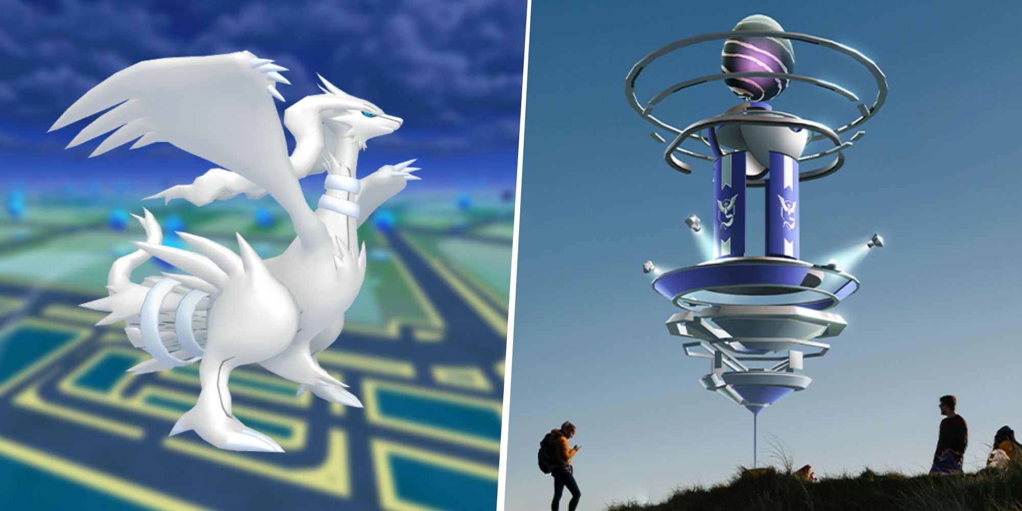 Image of Reshiram from Pokemon split with an image of people around a Pokemon Go Raid