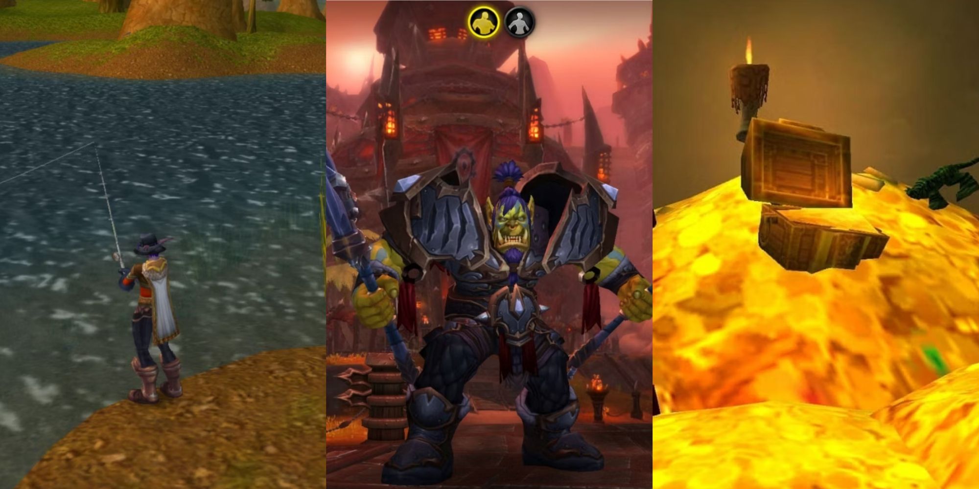 Someone fishing, an orc warrior, a chest of gold.