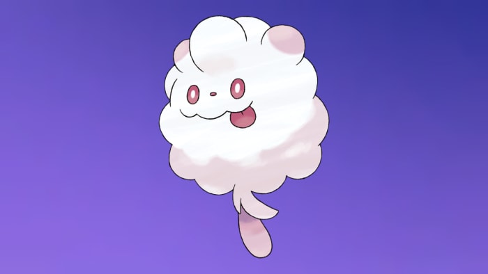 Swirlix auf dem Pokémon Go Fairy-Hintergrund.