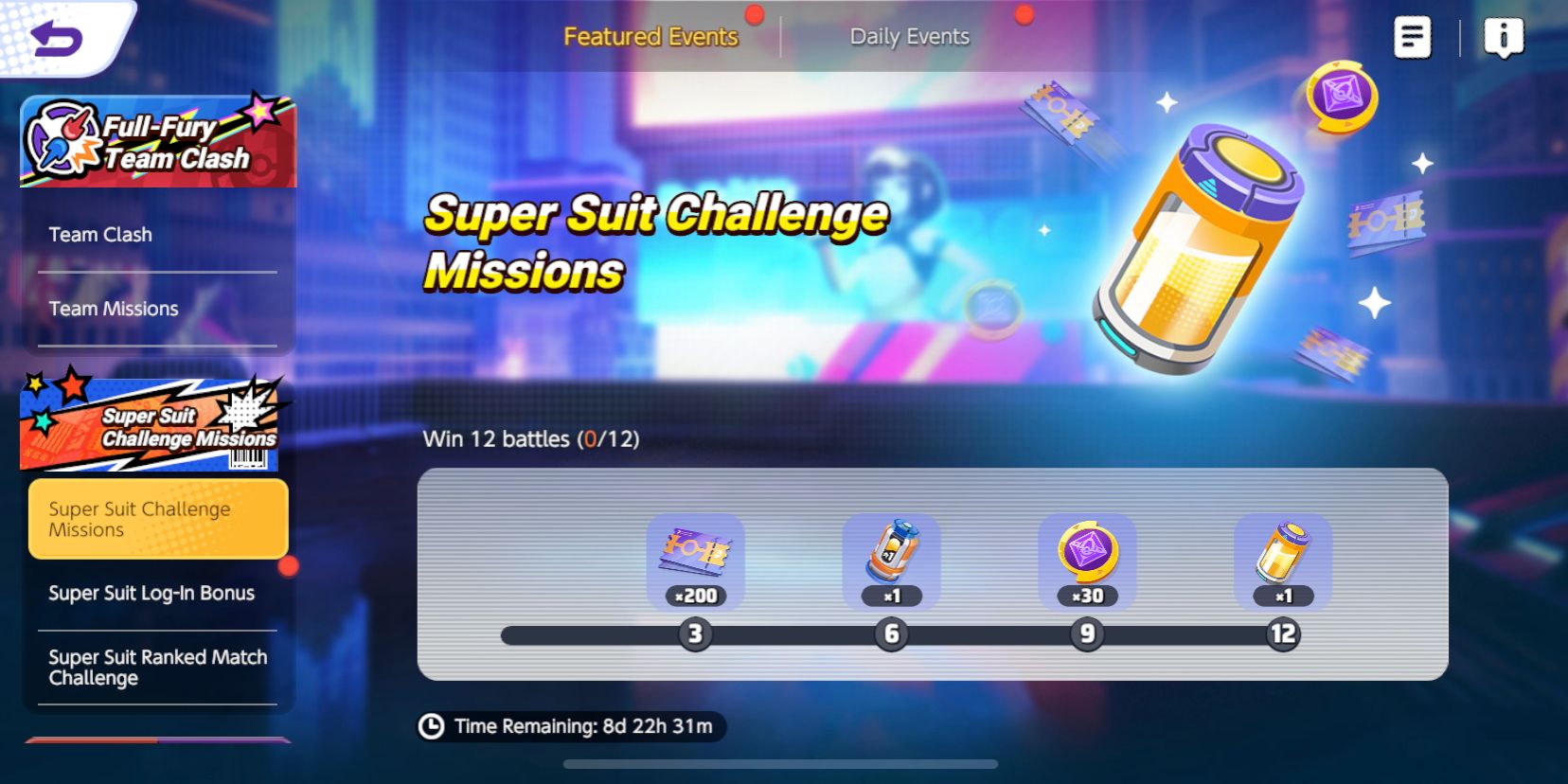 Der Bildschirm „Super Suit Challenge Missions“ mit den vier verschiedenen Event-Belohnungen