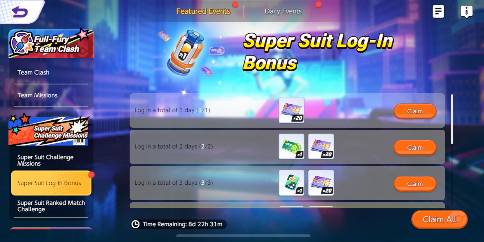 Der Super Suit-Login-Bonus-Bildschirm von Pokemon Unite, der verschiedene Login-Belohnungen zeigt