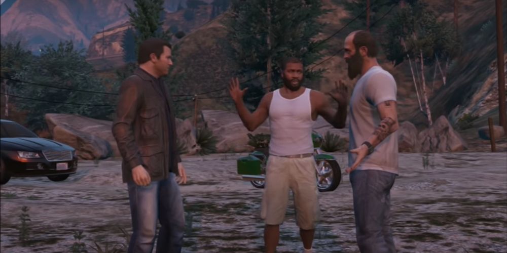 Mike, Franklin und Trevor unterhalten sich in den Bergen in GTA V