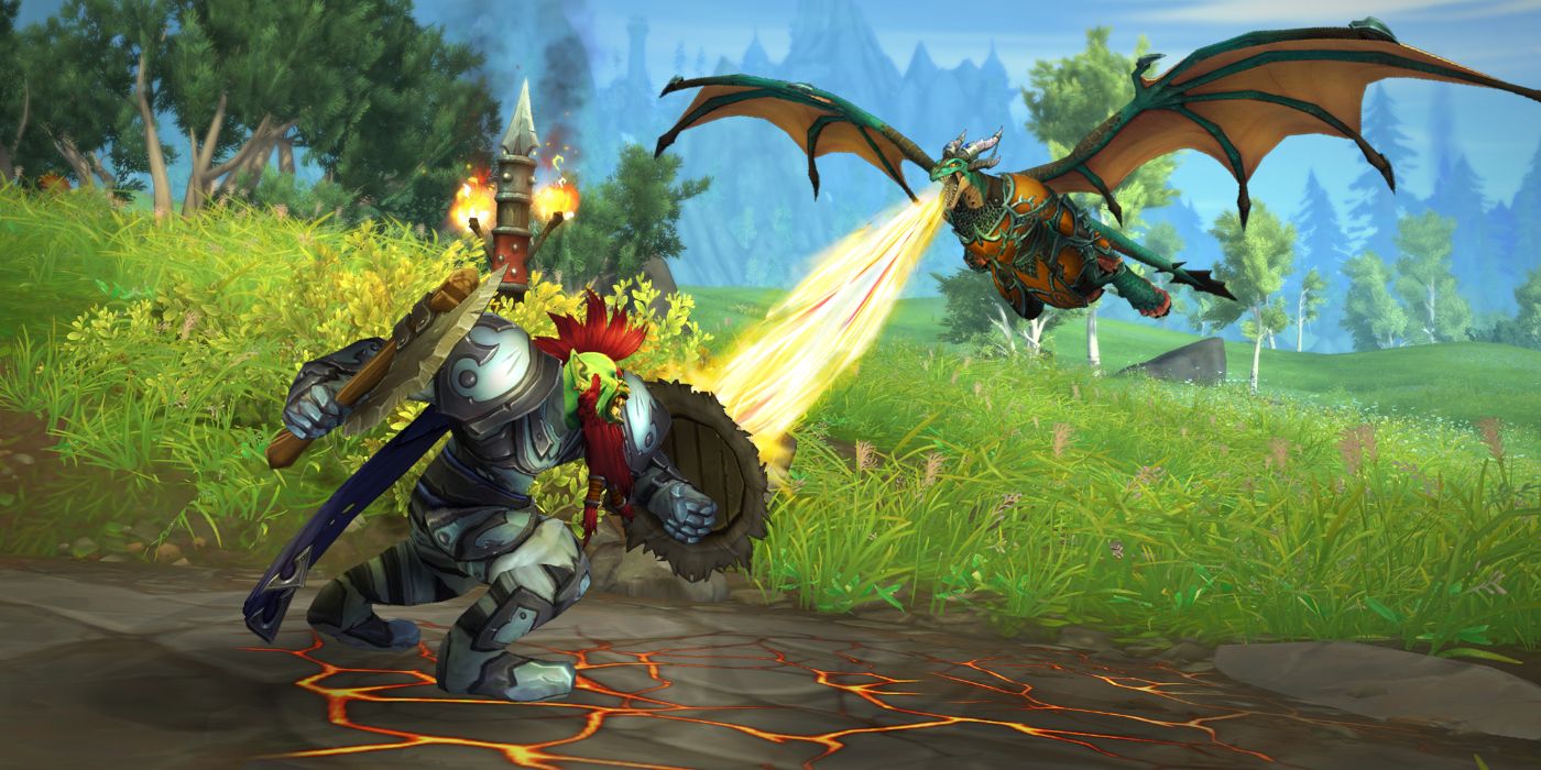 A Horde character getting by a dragon in World of Warcraft Dragonflight