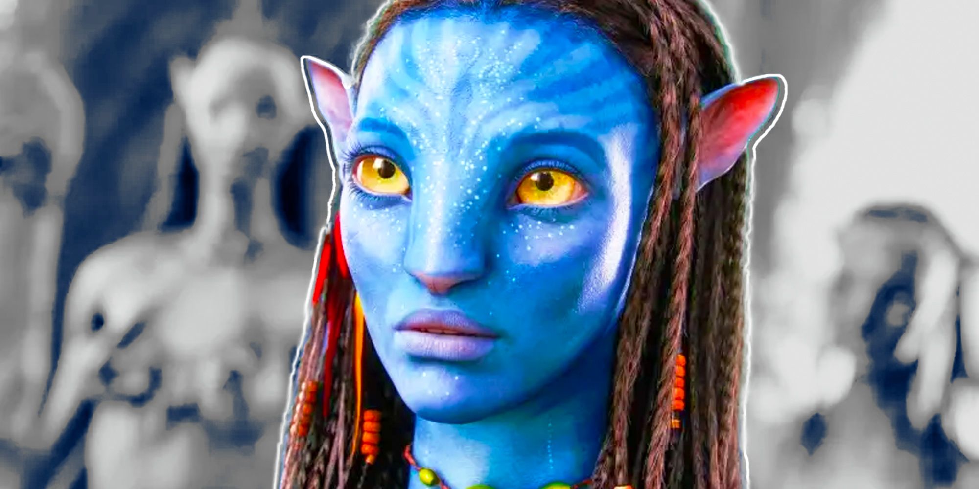 Neytiri aus dem Avatar-Film in Farbe vor einem schwarz-weißen Hintergrund