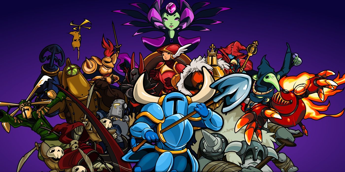 Shovel Knight-Grafik mit allen Charakteren und Feinden, die auf einem violetten Hintergrund zusammengefasst sind